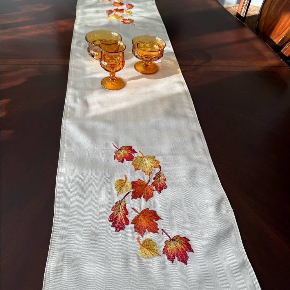 Hand Crafted Autumn Leaf Table Runner - Cream, Red, Orange, Yellow - Picture 6 of 10